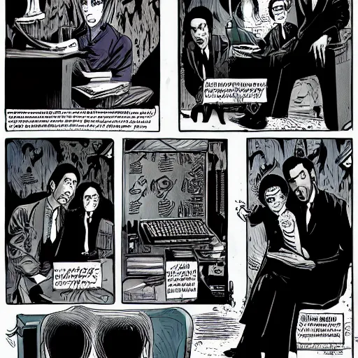 Image similar to Cthulhu as a modern day business man with a family and a drug and gambling addiction, necronomicon is the family Bible , Junji Ito and Greg rutkowski, psychedelic , 50s style infomercial , award winning , retro futuristic