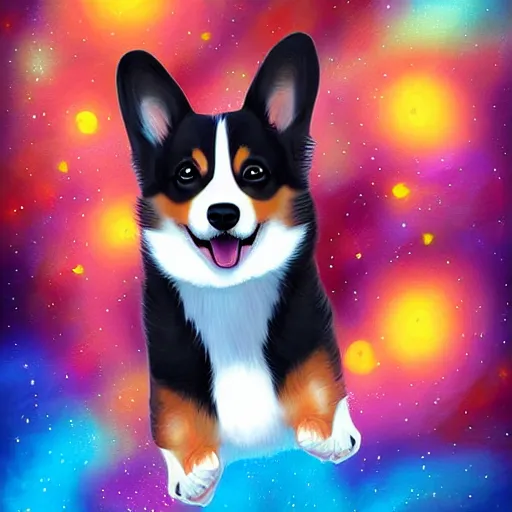 Prompt: a cute happy corgi floating in outer space, detailed digital painting, beautiful, dramatic, smooth, fantasy art, anime