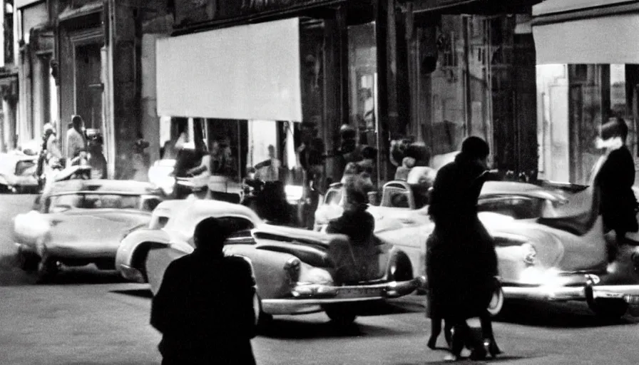 Image similar to “A still from a modern French art house movie 1960’s. City street, car, man and woman in love, Cinematic lighting, highly detailed, close-up,”