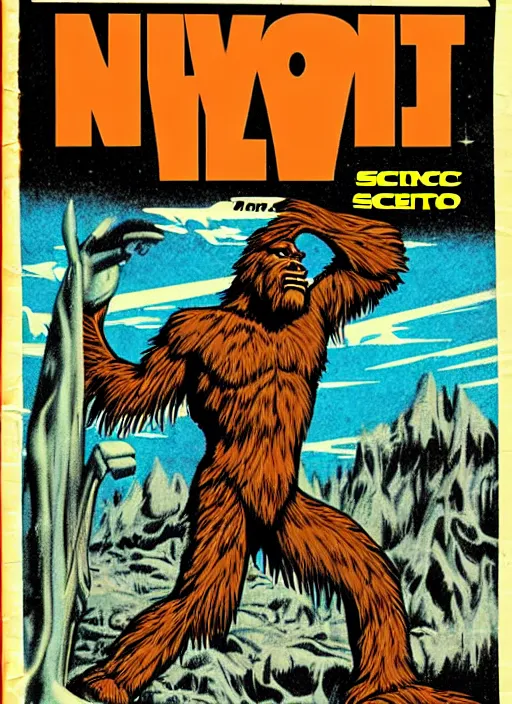 Image similar to bigfoot in retro sci fi pulp newsprint illustration cover