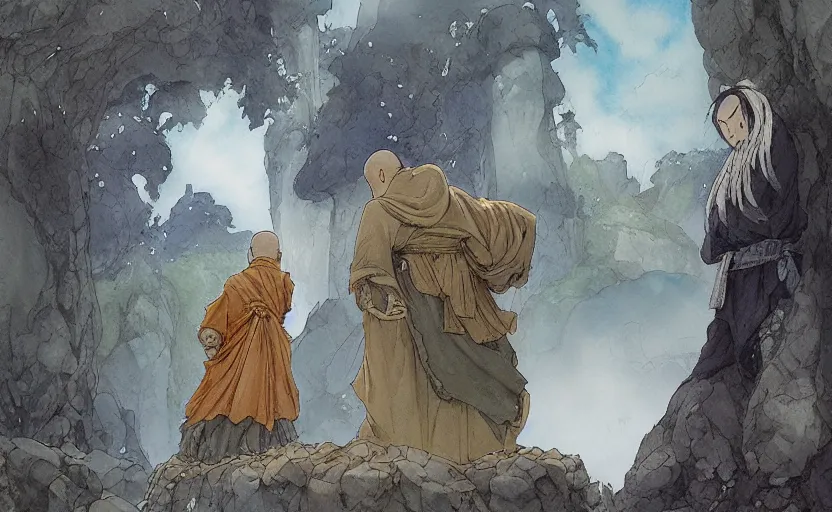 Image similar to a hyperrealist anime watercolor fantasy concept art of a giant monk with a big forehead and a small druid with a grey robe in stonehenge on a misty night. in the background several immense stones are floating in the air. by rebecca guay, michael kaluta, charles vess