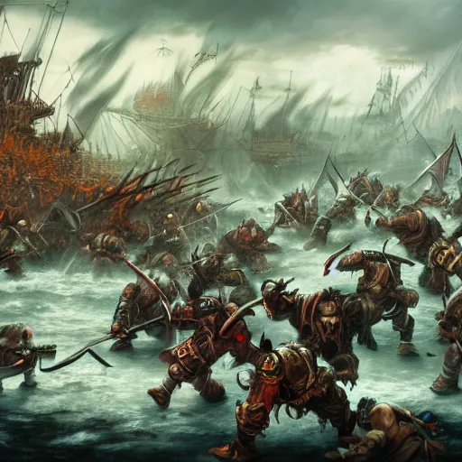Image similar to wide landscape shot of warhammer orcs fighting pirate vampires, trending on artstartion