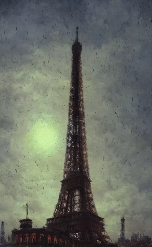 Prompt: twilight eiffel tower, jpeg artefacts on canvas, by seb mckinnon and james gurney and greg rutkowski, highly detailed, amazing, perfect lighting