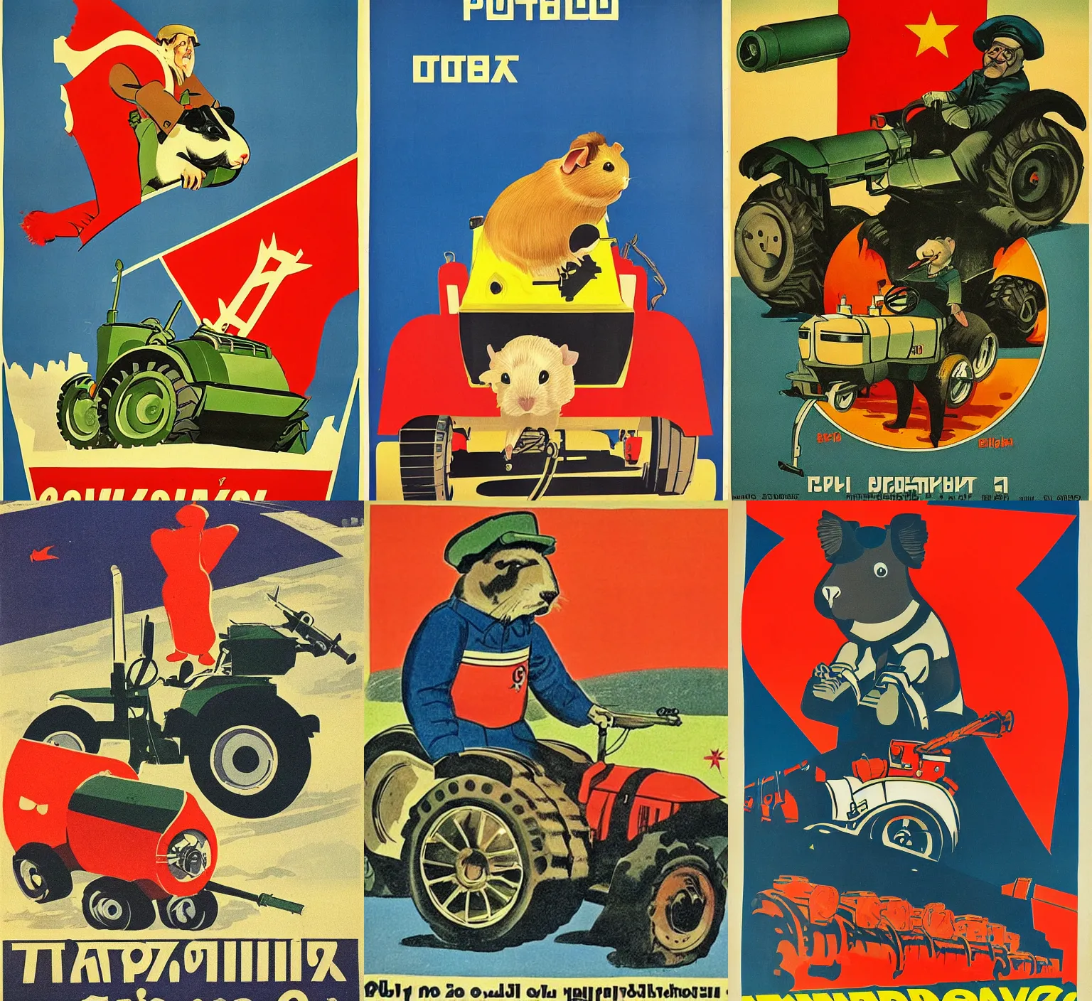 Prompt: soviet propaganda poster of a guinea pig driving a tractor that tows a tank, print