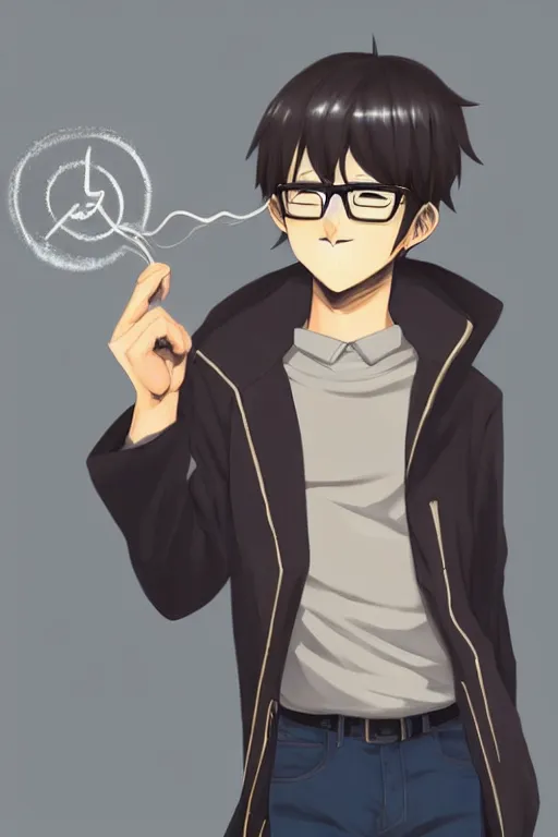 Prompt: character design, a young man with glasses, handsome japanese manga man, cold and abstinent, holding a spell in his hand, artstation, by yuho kim