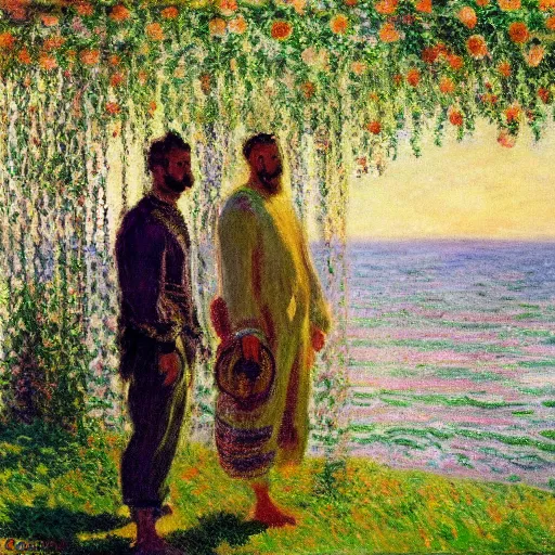 Prompt: midsommar god of beauty men by claude monet