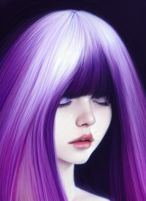 Image similar to hair whitebangs hair, black hair, whitebangs, portrait of teenage girl with white bangs, red irises, purple clothes, white bangs, bangs are different color from hair, intricate, elegant, glowing lights, highly detailed, digital painting, artstation, concept art, smooth, sharp focus, illustration, art by wlop, mars ravelo and greg rutkowski