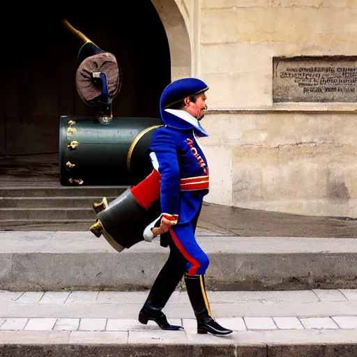 Image similar to portrait of emmanuel macron dressed as napoleon in a paris street dragging a cannon behind him, natural light, sharp, detailed face, magazine, press, photo, steve mccurry, david lazar, canon, nikon, focus