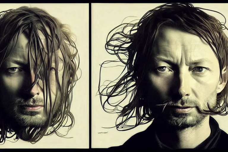 Image similar to hyper realistic portrait of thom yorke singer songwriter ok computer, side, liminal space, by lee bermejo, alphonse mucha and greg rutkowski