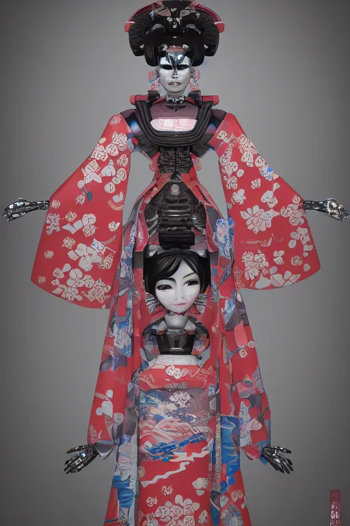 Prompt: full body portrait of a Japanese robot geisha with kanji tattoos and decals wearing a digital kimono, intricate, octane render, ultra fine detailed, character design, trending on artstation