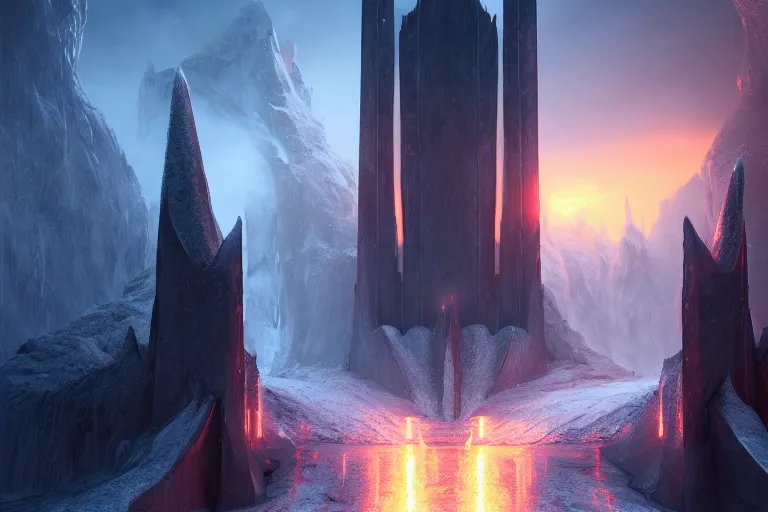 Image similar to a very detailed concept art of epic gates to frost, trending on artstation, symmetry, digital art, 4 k, hyper realistic, octane render, sharp focus