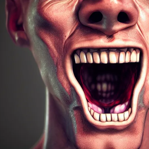 Image similar to extreme closeup photo of a man with a very wide open mouth with a skull inside his mouth, 3D render,subsurface scattering,global illumination,raytracing,studio lighting,cinematic,photorealistic,4k, UHD, HDR