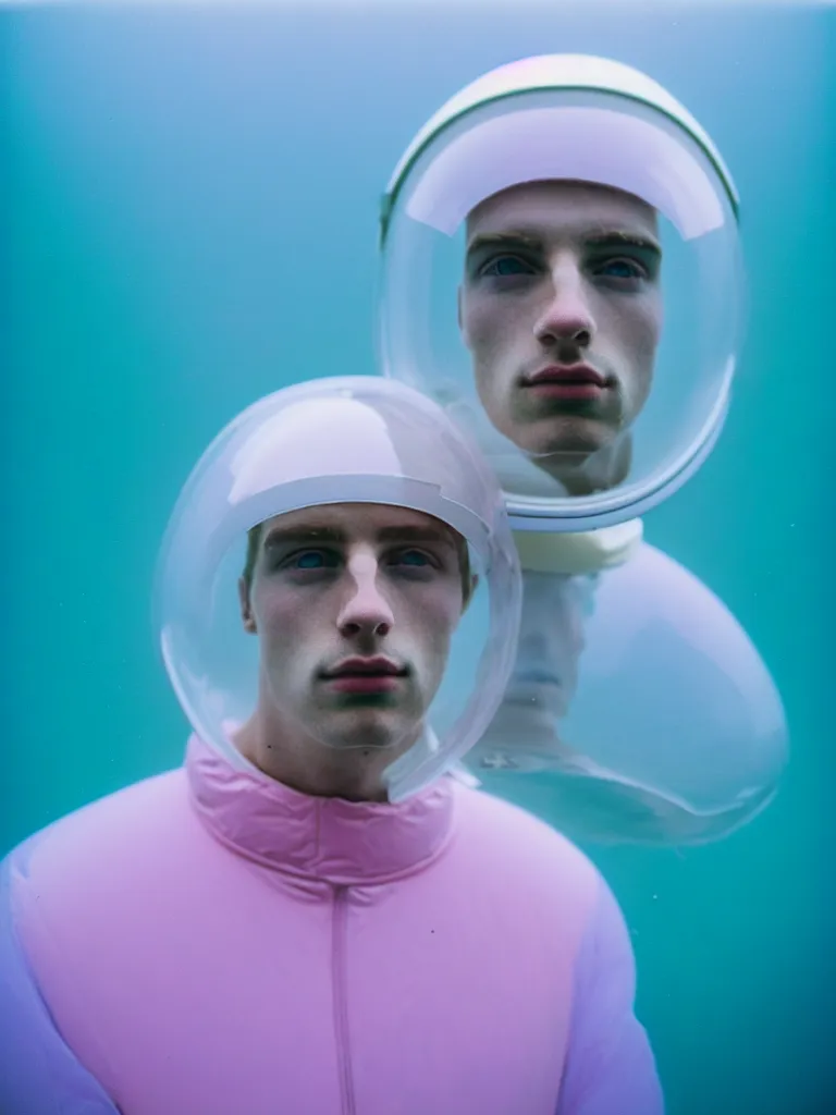Prompt: high quality pastel coloured film portrait photograph of a beautiful twenty year young male, soft facial features, short hair, perspex space helmet and oversized inflated clothing!! icelandic black rock pool environment. atmospheric three point light. photographic. art directed. ( pastel colours ). volumetric. clearcoat. waves. 8 k. filmic.