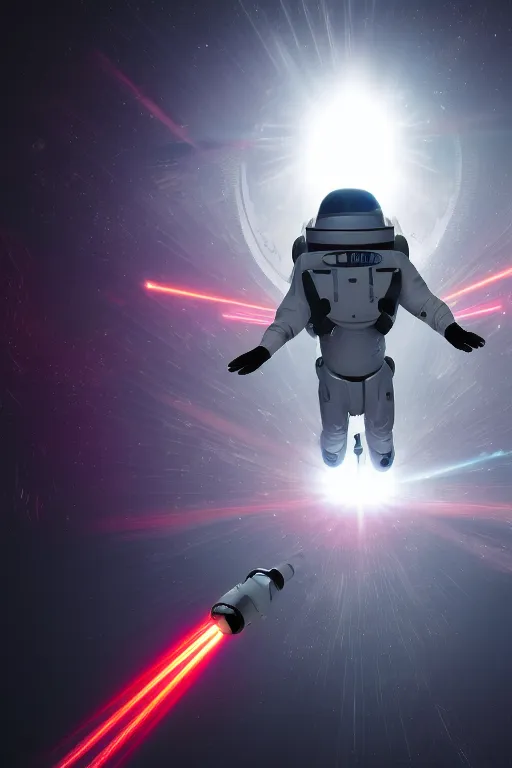 Image similar to wide view of futuristic spacemen firing lasers in zero gravity, floating, in the sky, bright white light, hiding behind obstacles, surrounded by a square laser grid, unreal engine, lensflares, low perspective, fish eye