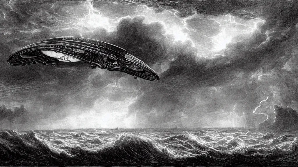 Prompt: drawing of an alien spacecraft flying above a stormy ocean, by gustave dore, nineteenth century, black and white, vintage, science fiction, epic composition, dramatic lighting, highly detailed, cinematic