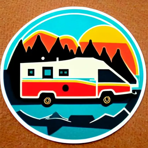 Prompt: sticker of a white and black cute thor chateau! motorhome camper!!, mountains, colorful sunset!!, sticker!! by tom whalen
