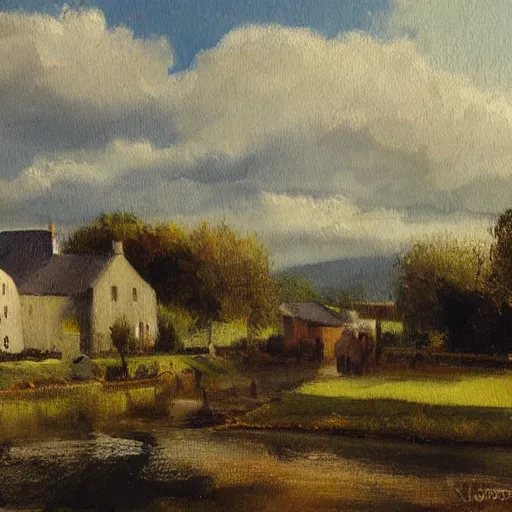 Image similar to painting of a small town in rural Ireland, by Aleksander Rostov