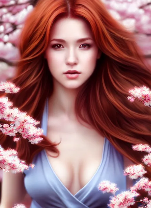 Image similar to photo of a gorgeous female with auburn hair in the style of stefan kostic, realistic, half body shot, sharp focus, 8 k high definition, insanely detailed, intricate, elegant, art by stanley lau and artgerm, extreme blur cherry blossoms background