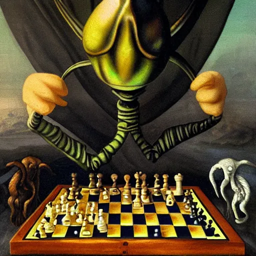 Image similar to alien playing chess looking wise, rococo oil painting, highly detailed