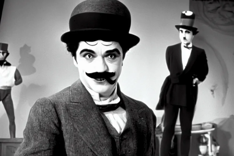 Image similar to Antonio Banderas as Charlie Chaplin in 'My Chap Chaplin' (1968), movie still frame, promotional image, imax 70 mm footage, oscar nominated cinematography, volumetric lighting, 8k resolution