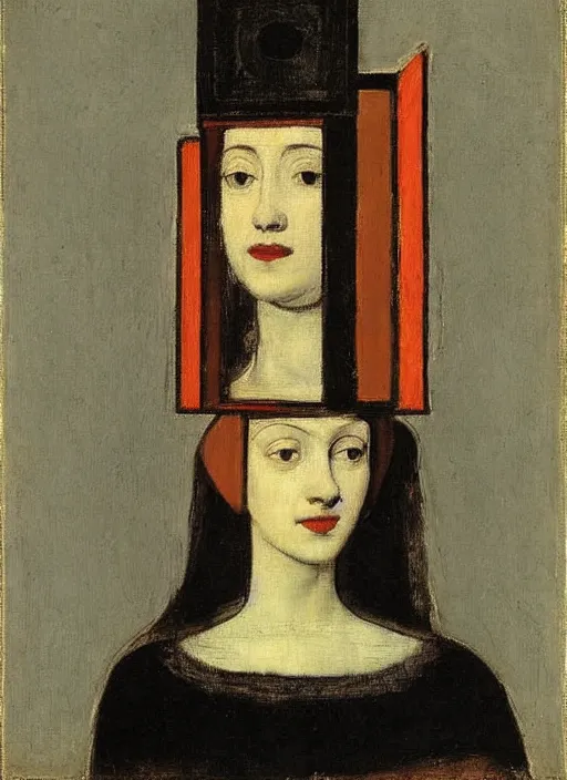 Image similar to portrait of young woman in renaissance dress and renaissance headdress, art by piet mondrian