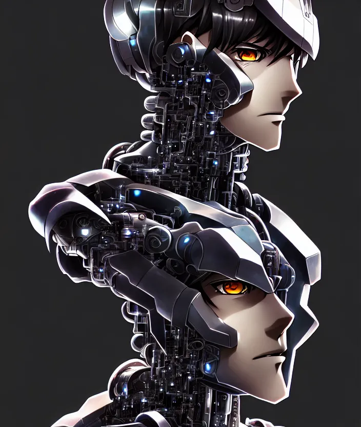 Image similar to a detailed manga illustration character full body portrait of a dark haired cyborg anime man, half of his face is cybernetic, trending on artstation, digital art, 4 k resolution, detailed, high quality, sharp focus, hq artwork, insane detail, concept art, character concept, character illustration, full body illustration, cinematic, dramatic lighting