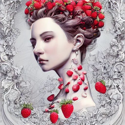 Image similar to the portrait of an absurdly beautiful, graceful, elegant, sophisticated, fashionable woman made of strawberries and white petals looking down, an ultrafine hyperdetailed illustration by kim jung gi, irakli nadar, intricate linework, bright colors, octopath traveler, final fantasy, unreal engine 5 highly rendered, global illumination, radiant light, detailed and intricate environment