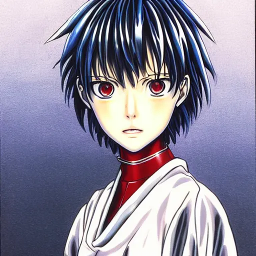 Prompt: Rey Ayanami from Evangelion portrait drawn Yusuke Murata and Takeshi Obata, inspired by Death Note 2003 manga,intricate detail, photorealistic style, intricate detailed oil painting, detailed illustration, oil painting, painterly feeling, sharp high detail