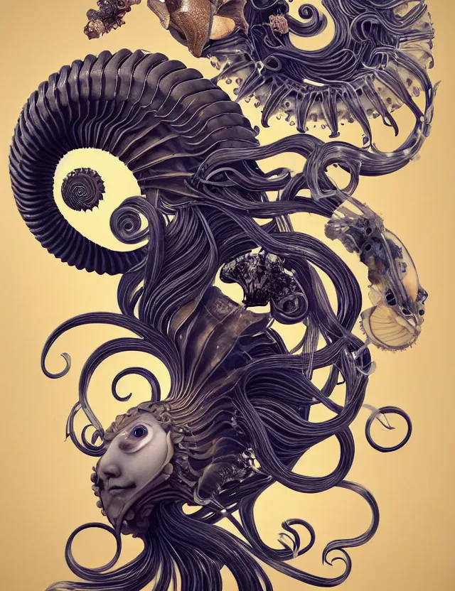 Image similar to 3 d goddess nautilus half - turn portrait with long hair with ram skull. beautiful intricately detailed japanese crow kitsune mask and clasical japanese kimono. betta fish, jellyfish phoenix, bio luminescent, plasma, ice, water, wind, creature, artwork by tooth wu and wlop and beeple and greg rutkowski