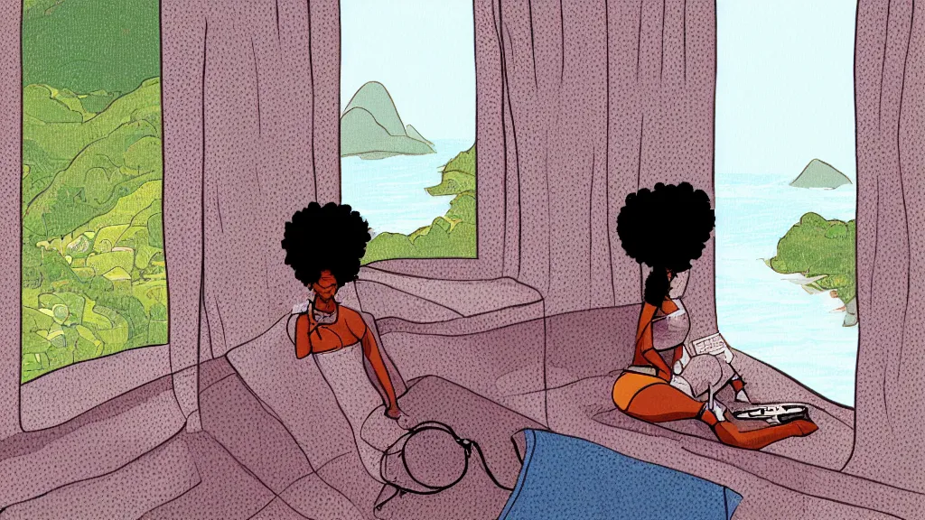 Image similar to black girl, curly hair, with headphones, studying in bedroom, window with rio de janeiro view, lo-fi illustration style, digital art, alive colors