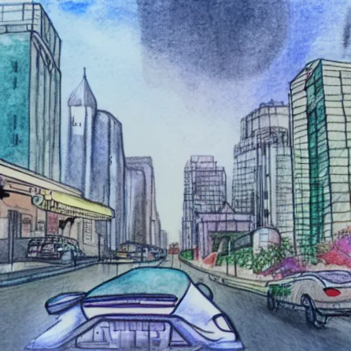 Prompt: a pencil and watercolor drawing of a bright city in the future with flying cars