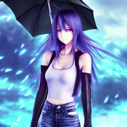 Prompt: beautiful anime girl in the style of final fantasy 7 with purple eyes, wearing jeans, perfect body, standing in the rain, high quality anime art, trending on artstation, 8K octane render, wallpaper