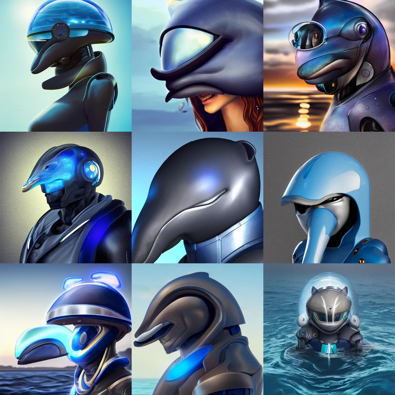 Prompt: very very beautiful furry art, bust profile picture of a robotic anthro dolphin, face covered by opaque visor, truncated snout under visor, round shapes, all dark blue metal, commission on furaffinity, cgsociety, octane render, sea in background