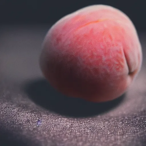 Image similar to a macro photo of a round peach's dry hairy skin, hyper realistic, hyper detailed, 35mm, very grainy film, pink volumetric studio lighting, bokeh, black background award winning shot, vogue magazine, cinematic, 8k, very closeup, elegant, tender, pastel