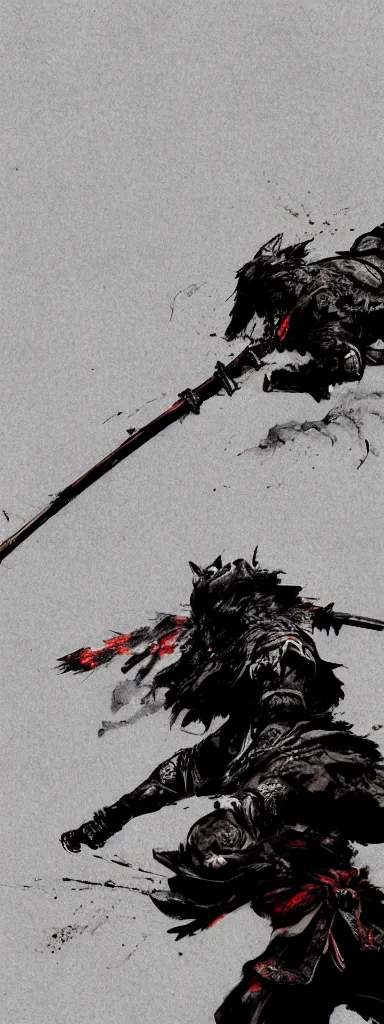 Image similar to Concept art of a dog in samurai armor, surrounded by black smoke, smoky, full body wuxia, Wudang Swordmanship by Chen Uen, art by Yoji Shinkawa, 4k