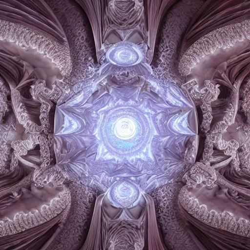 Image similar to a hyperrealistic 3 d painting of a huge sprawling fractal cathedral interior populated by mandelbrot fractals by android jones, unreal engine, carved soap, white color scheme, volumetric lighting, octane render, dramatic lighting, glowing, carved marble, opalescent, carved wood, sacred geometry, religious, angelic, catholicpunk, stark, 8 k, ultra detailed