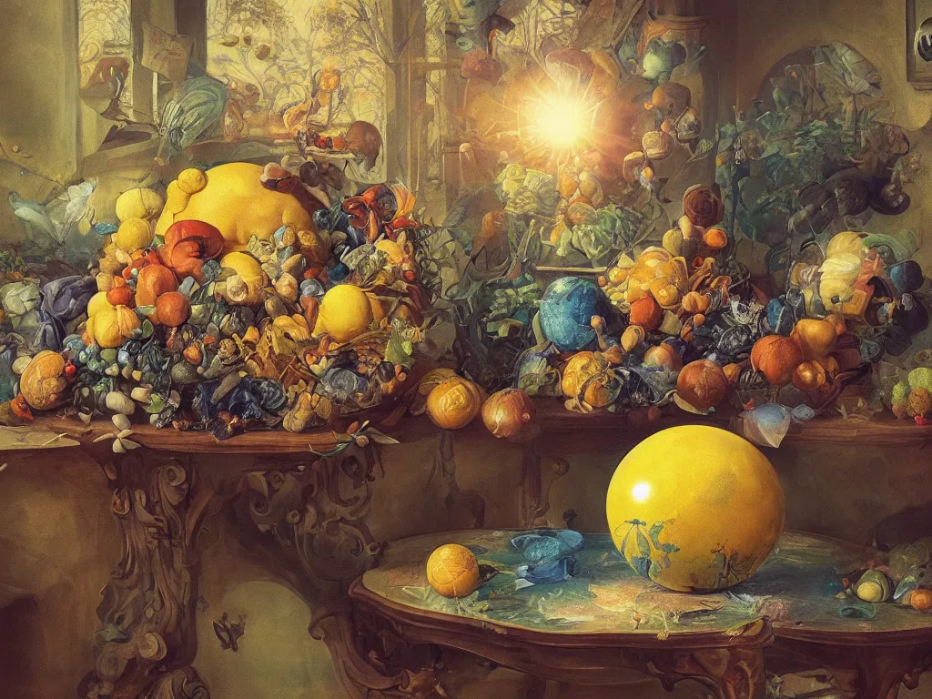 Image similar to 3 d render, sunlight study, the universe is a spheroid region 7 0 5 meters in diameter, art nouveau, by cornelis de heem and ( ( ( ( ( lisa frank ) ) ) ) ), 8 k, sharp focus, octane render