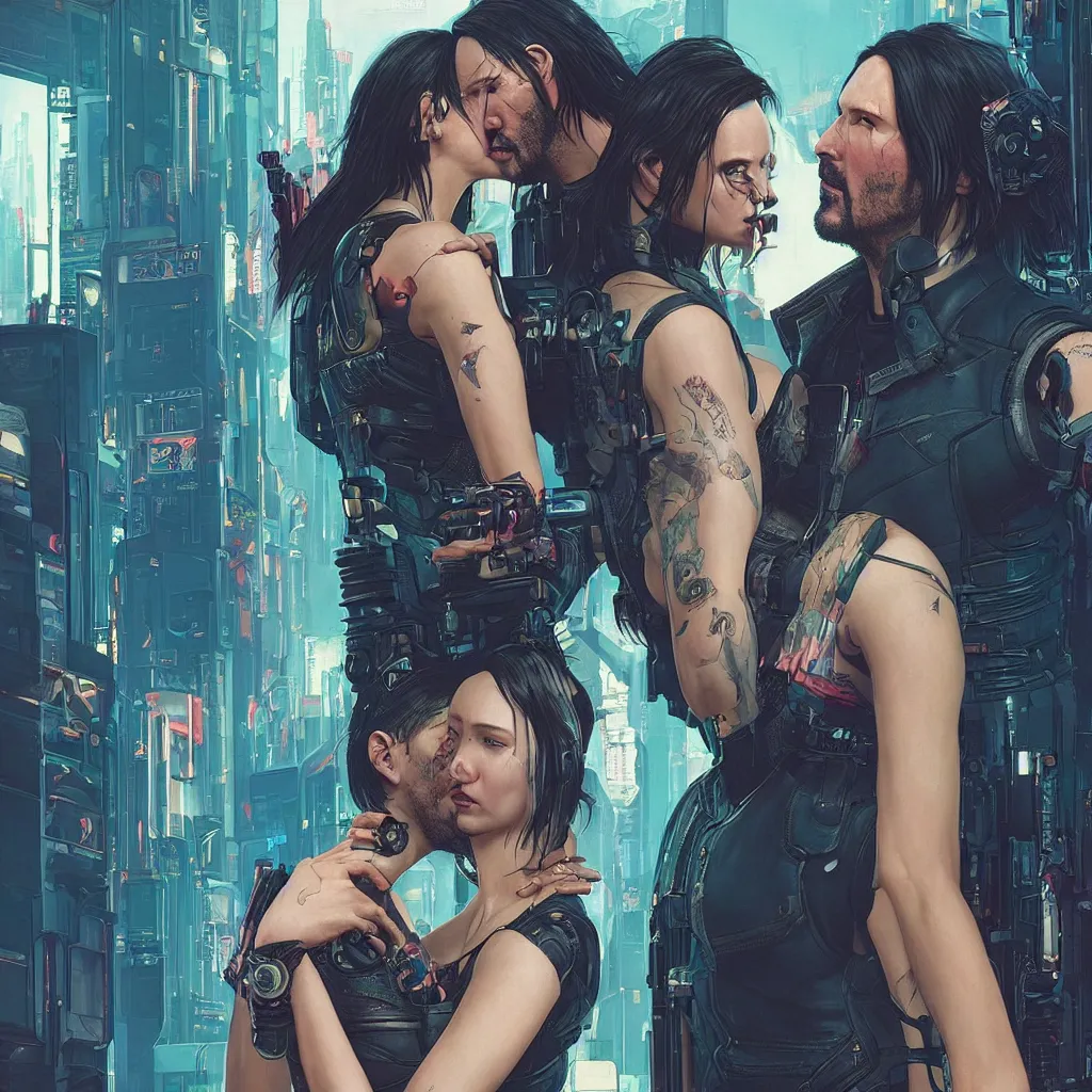 Image similar to a cyberpunk 2077 srcreenshot couple portrait of Keanu Reeves and female android final kiss,love,film lighting,by Laurie Greasley,Lawrence Alma-Tadema,Andrei Riabovitchev,Dan Mumford,John Wick,Speed,Replicas,artstation,deviantart,FAN ART,full of color,Digital painting,face enhance,highly detailed,8K,octane,golden ratio,cinematic lighting