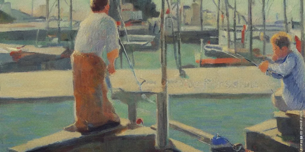 Image similar to cat sitting on the pier fishing, expressive oil painting by christopher radlund and camille pissaro