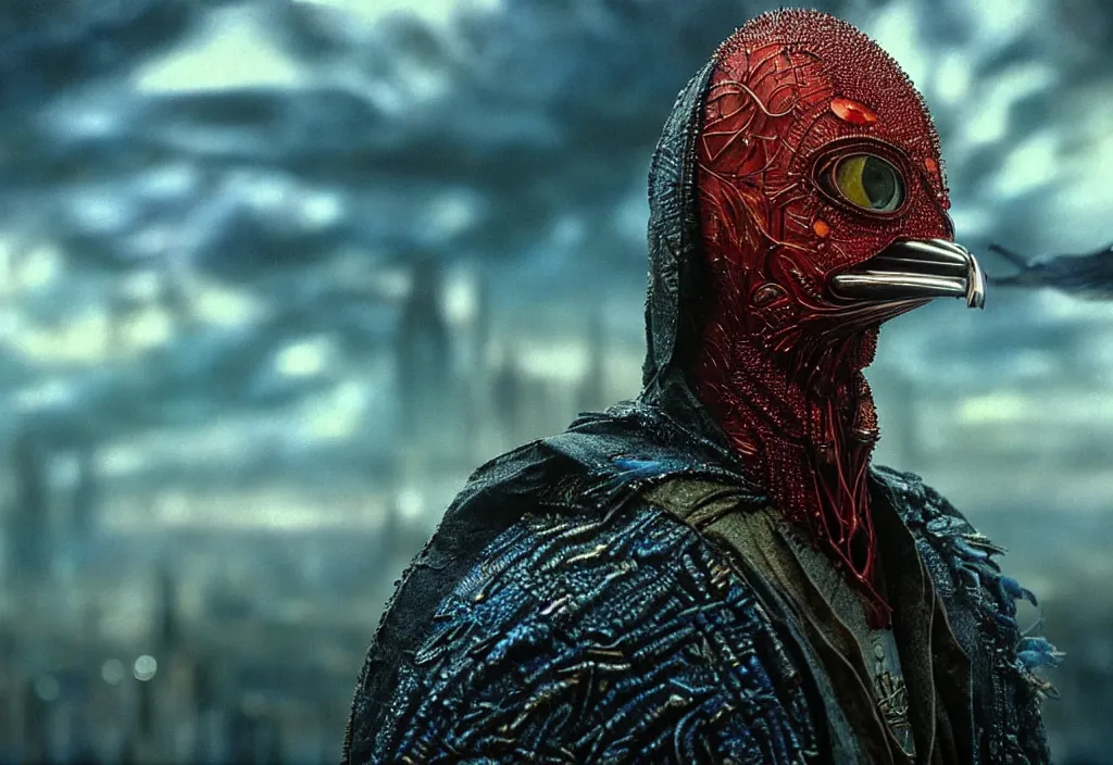 Prompt: realistic detailed portrait movie still of a birdman wearing dark robes, sci fi city landscape background by denis villeneuve, amano, yves tanguy, alphonse mucha, ernst haeckel, max ernst, roger dean, ridley scott, masterpiece, rich moody colours, blue eyes, snarling dog teeth