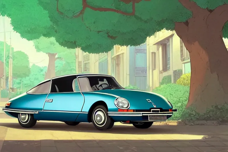 Prompt: a wholesome animation key shot of!! one!! focused! 1 9 7 4 citroen ds! in a tree lined paris street, medium shot, studio ghibli, ( pixar ) and disney animation, sharp, very detailed, high resolution, rendered in unreal engine 5, anime key art by greg rutkowski, bloom, dramatic lighting