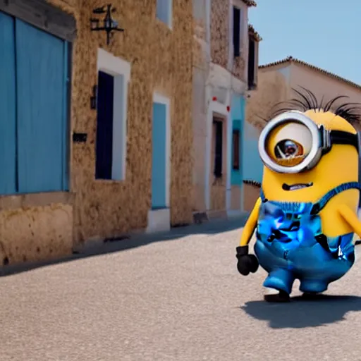 Image similar to super cute minion walking on a sunny Andalusian village, movie still, 4k
