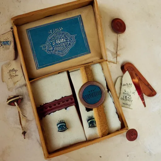 Image similar to vintage gift box for men, stamped with sealing wax, old school, wes anderson style