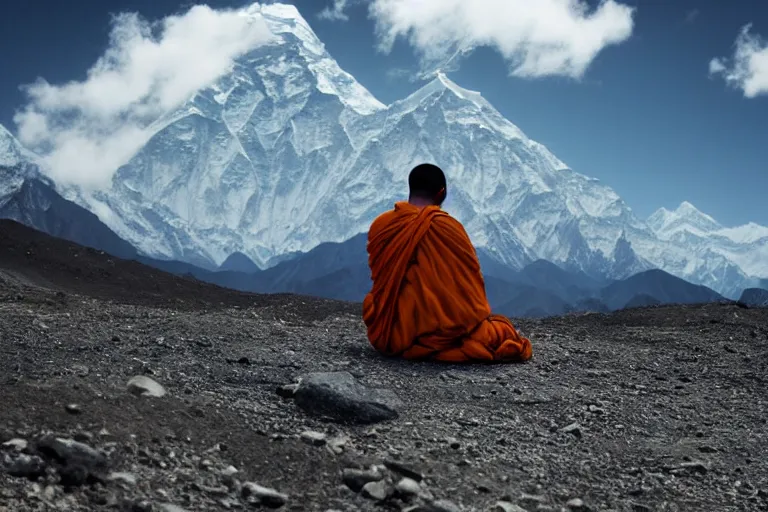 Image similar to cinematography a monk meditating in front of Mount Everest by Emmanuel Lubezki