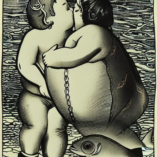 Image similar to the same style. the most beautiful little fat sweet girl is kissing a huge colorful cute fish. modern etching. colored print. hype realistic scene.