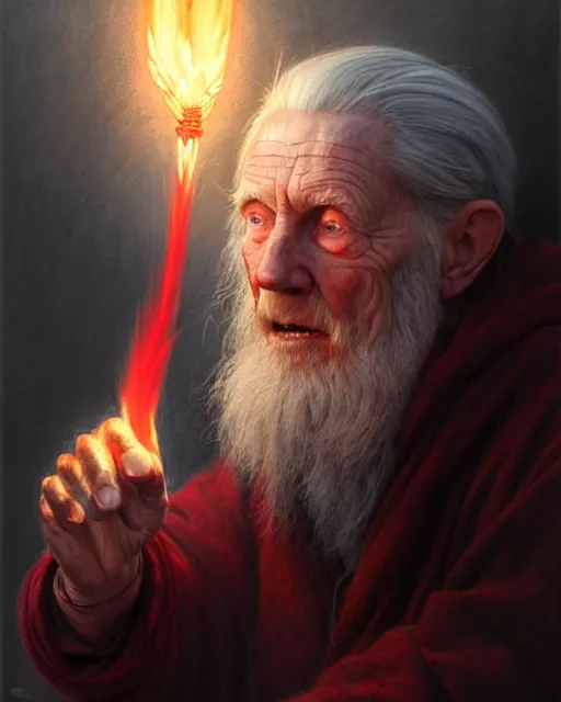 Image similar to a elderly wizard casting a red fireball | | pencil sketch, realistic shaded, fine details, high detail, real life skin, freckles, 8 k, stunning detail, realistic shaded lighting poster by greg rutkowski, magali villeneuve, artgerm, jeremy lipkin and michael garmash and rob rey