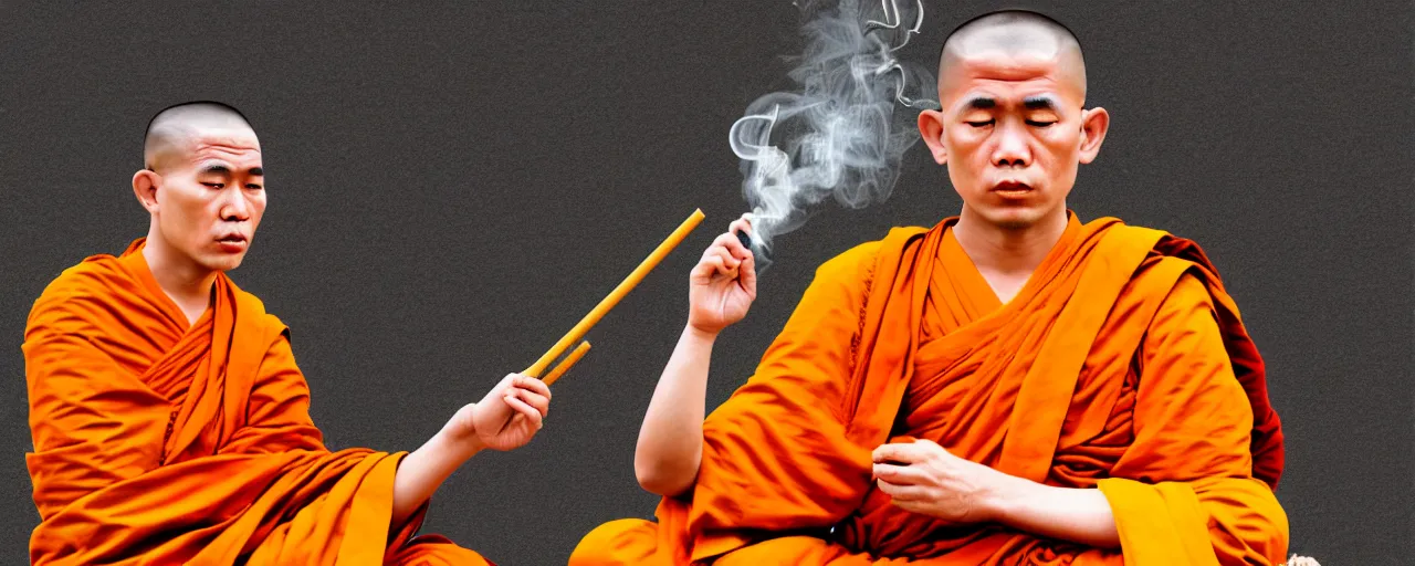 Image similar to Thailand Buddhist monk Smoking Weed, realistic, trending on artstation, high quality, highly detailed