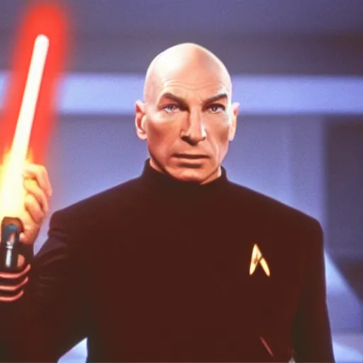 Image similar to captain jean luc picard wielding a lightsaber