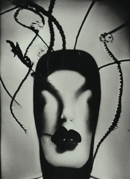 Image similar to female head in a aquarium, lights caustic, tropical fish, surreal photography by Man Ray and Salavdor Dalì