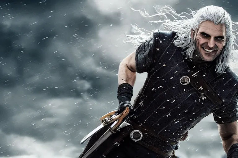 Image similar to vfx movie closeup modern suave handsome grinning vampire with long white hair, trench coat, dual wielding large revolvers, leaping into the air, low gravity in a shattered reality of new york city, cool aviators witcher show and game of thrones in new york by emmanuel lubezki